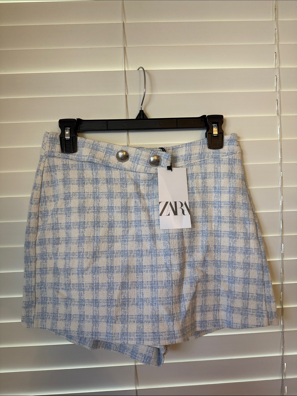ZARA Light Blue & White Check Tweed Mini Skirt